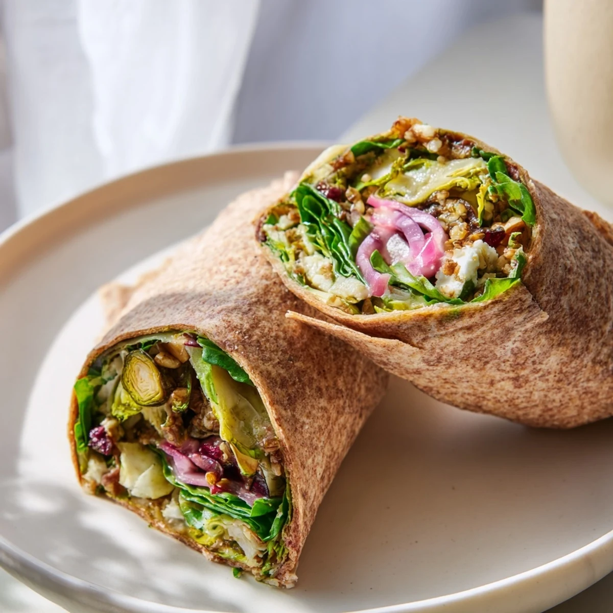 Warm roasted Brussels sprouts with cranberries in a grain wrap, perfect vegetarian meal.