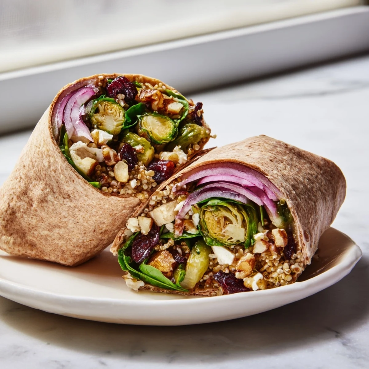 Textured image of a loaded Roasted Brussels Sprouts & Cranberry Grain Wrap, a flavorful vegetarian lunch.