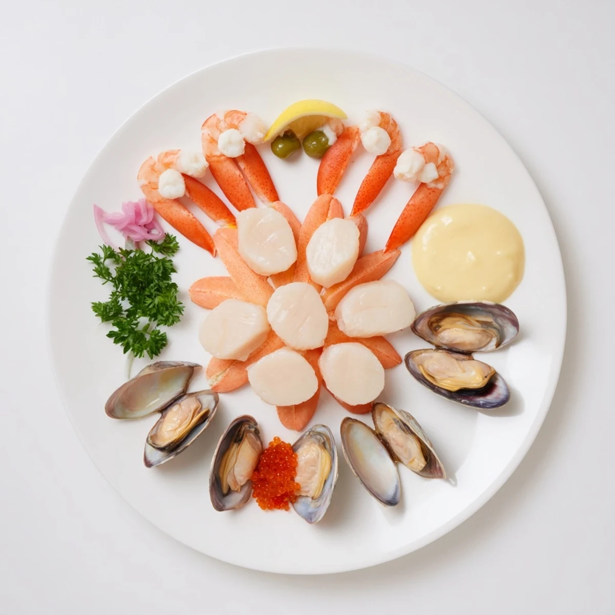 A beautifully arranged Starfish & Shell Appetizer Board with shrimp, scallops, and glistening seafood components.