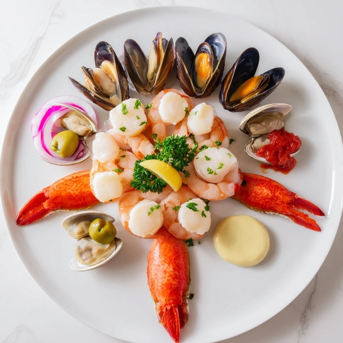 Starfish & Shell Appetizer Board overflowing with chilled seafood ready to be enjoyed with flavorful dipping sauces.