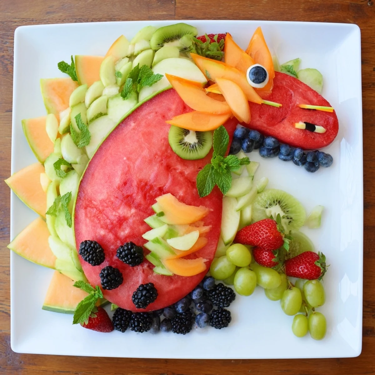 Vibrant Dragon-shaped fruit tray, overflowing with colorful melon and berries, perfect for a party appetizer.