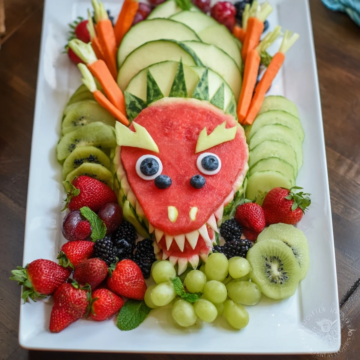 Fresh and delicious Dragon-shaped fruit tray arrangement, a healthy and beautiful display ready for any celebration.