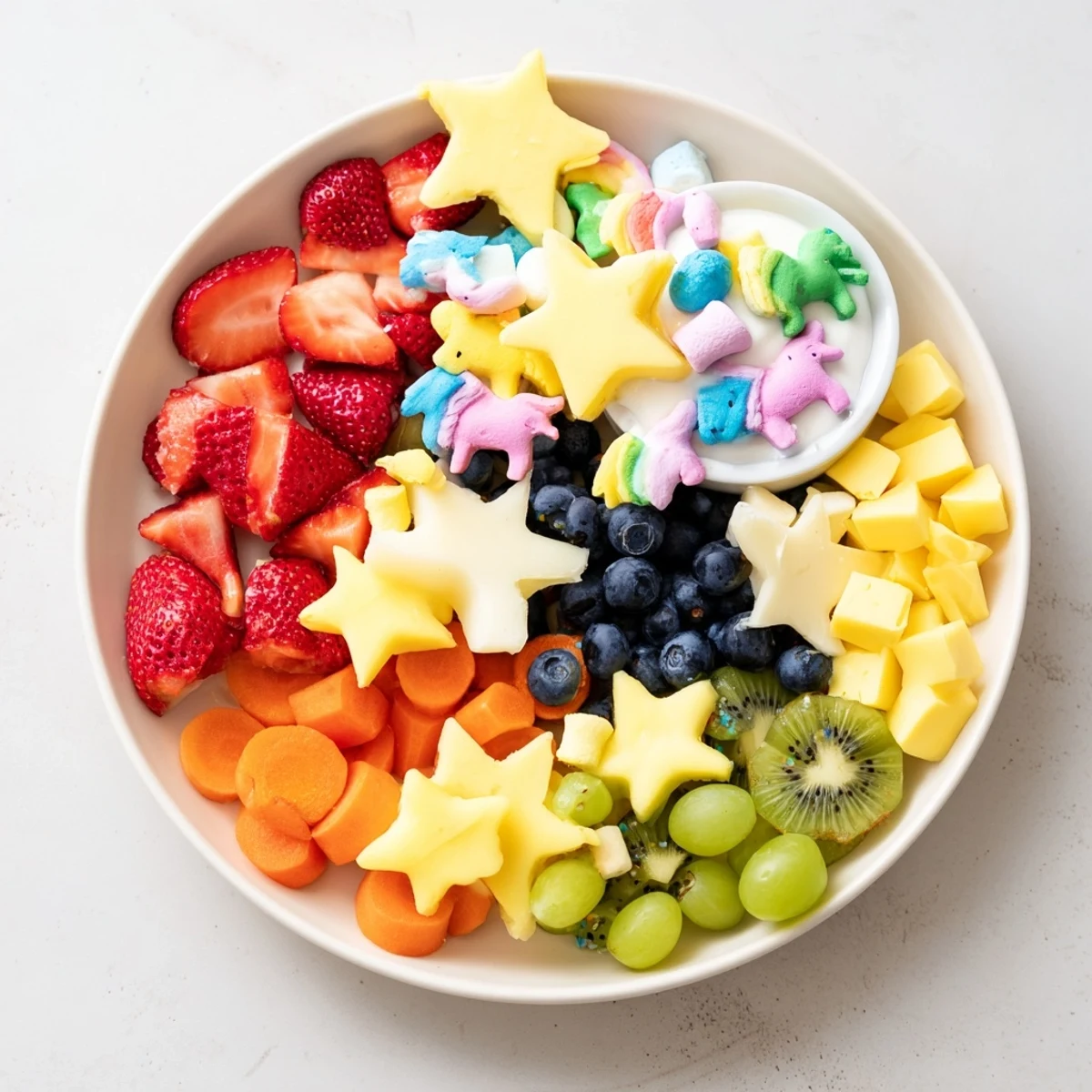 Vibrant Unicorn Party Platter: A colorful, fresh fruit and snack assortment perfect for a magical celebration.