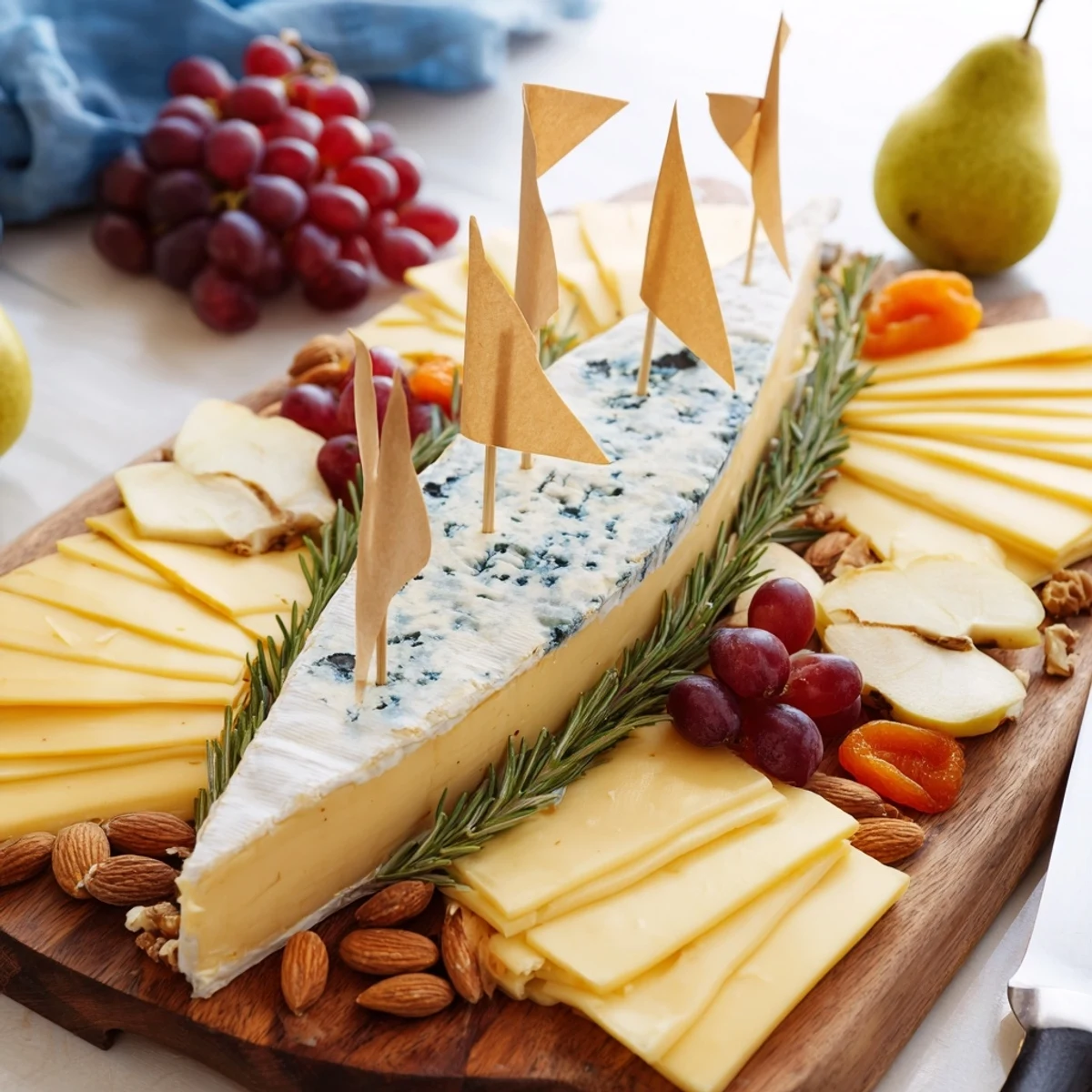 A beautifully arranged Sailboat Cheese Platter featuring colorful fruits, cheeses, and artisanal crackers.