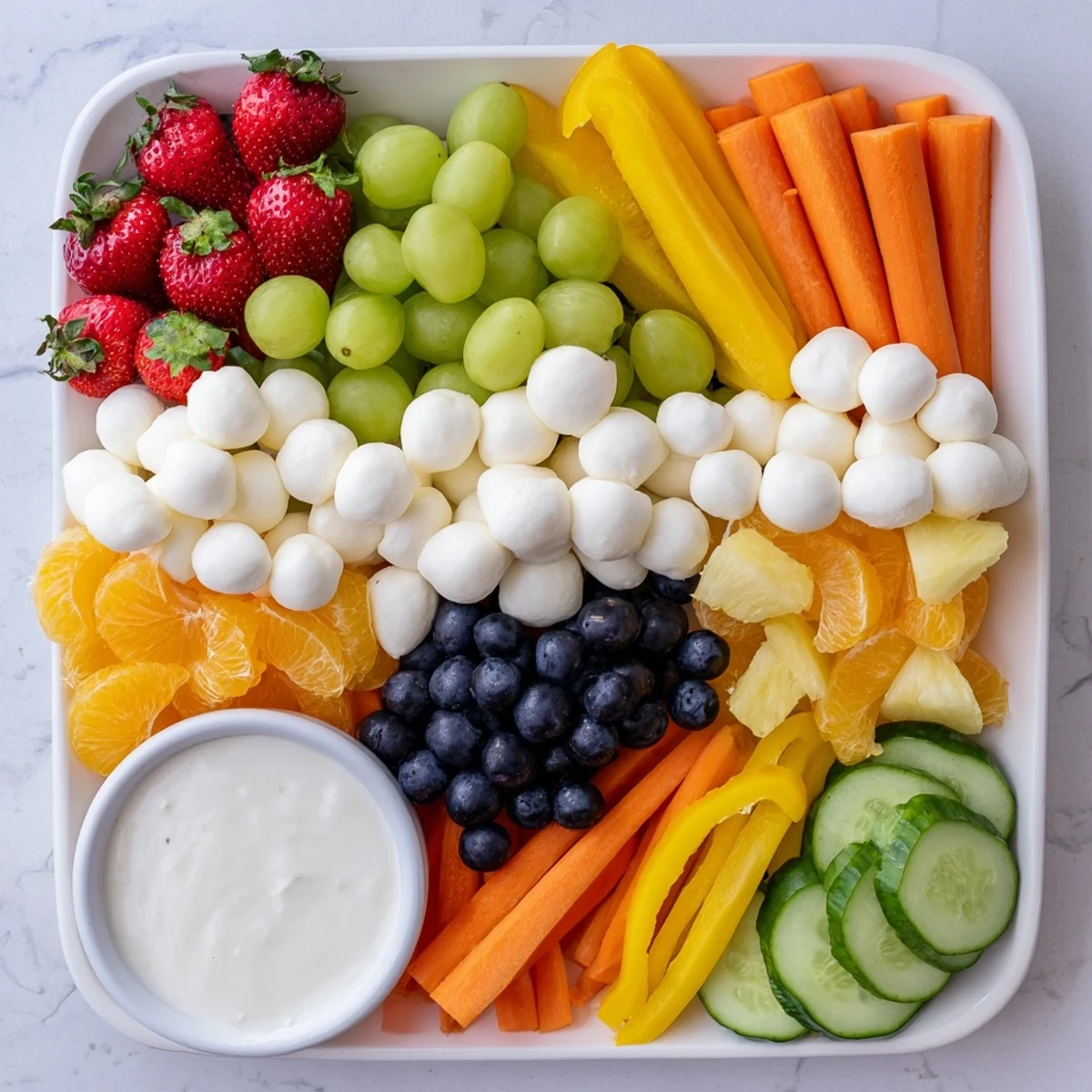 Colorful Rainbow Cloud Snack Board arranged with fresh fruit, presenting a delicious healthy appetizer.