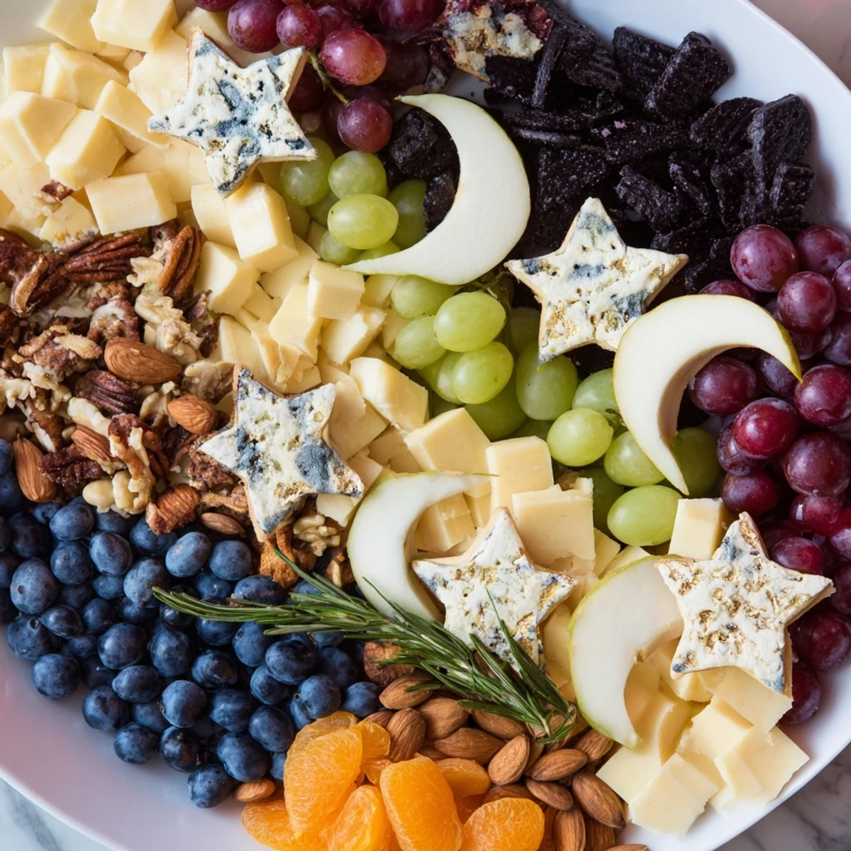 Moon & Stars Night Board with cheeses, fruits, and star-shaped crackers, ready to eat.