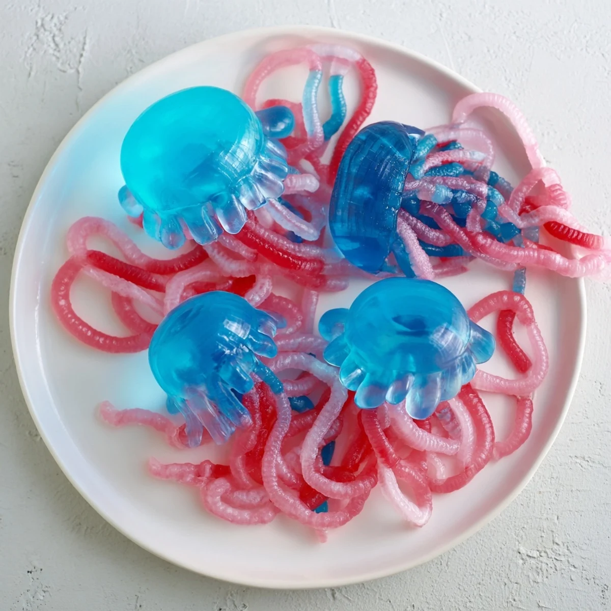 Vibrant Jellyfish Candy Platter: colorful gummy treats and delightful ocean-themed candy for your party.