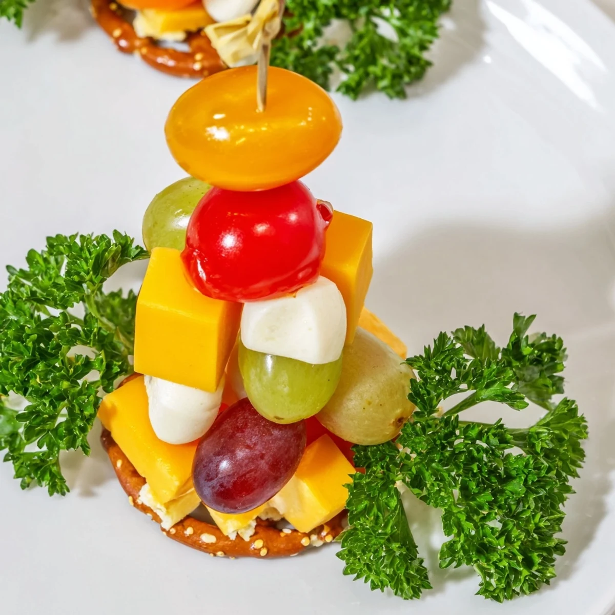 A close-up of kid-friendly Up, Up & Away Hot Air Balloon Snacks, showing the pretzel stick "baskets" attached.