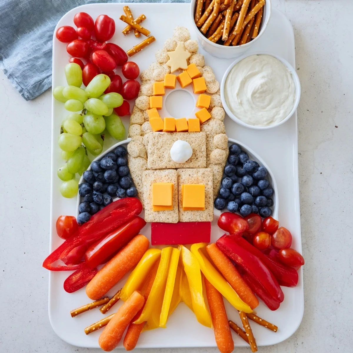 Vibrant Blast Off Spaceship Snack Board shows a delicious, healthy arrangement of fruits, veggies, cheese and crackers.