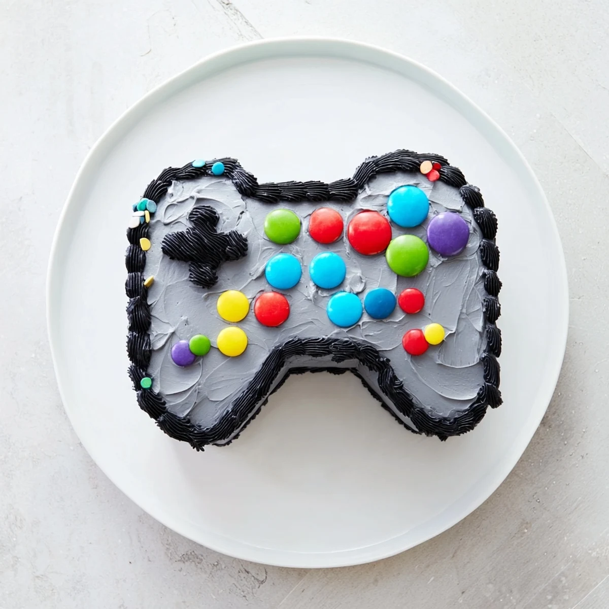 Pixel Perfect Video Game Controller Board, a vibrantly frosted cake shaped like a controller, ready to eat.