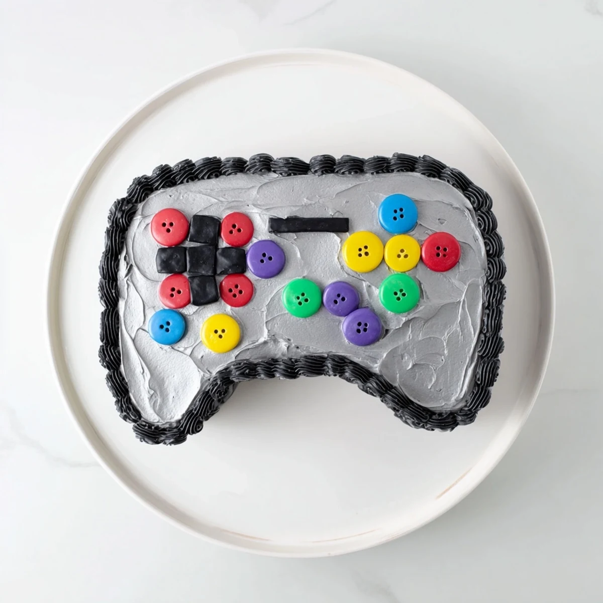 Detailed view of the Pixel Perfect Video Game Controller Board, decorated with colorful candies and frosting.