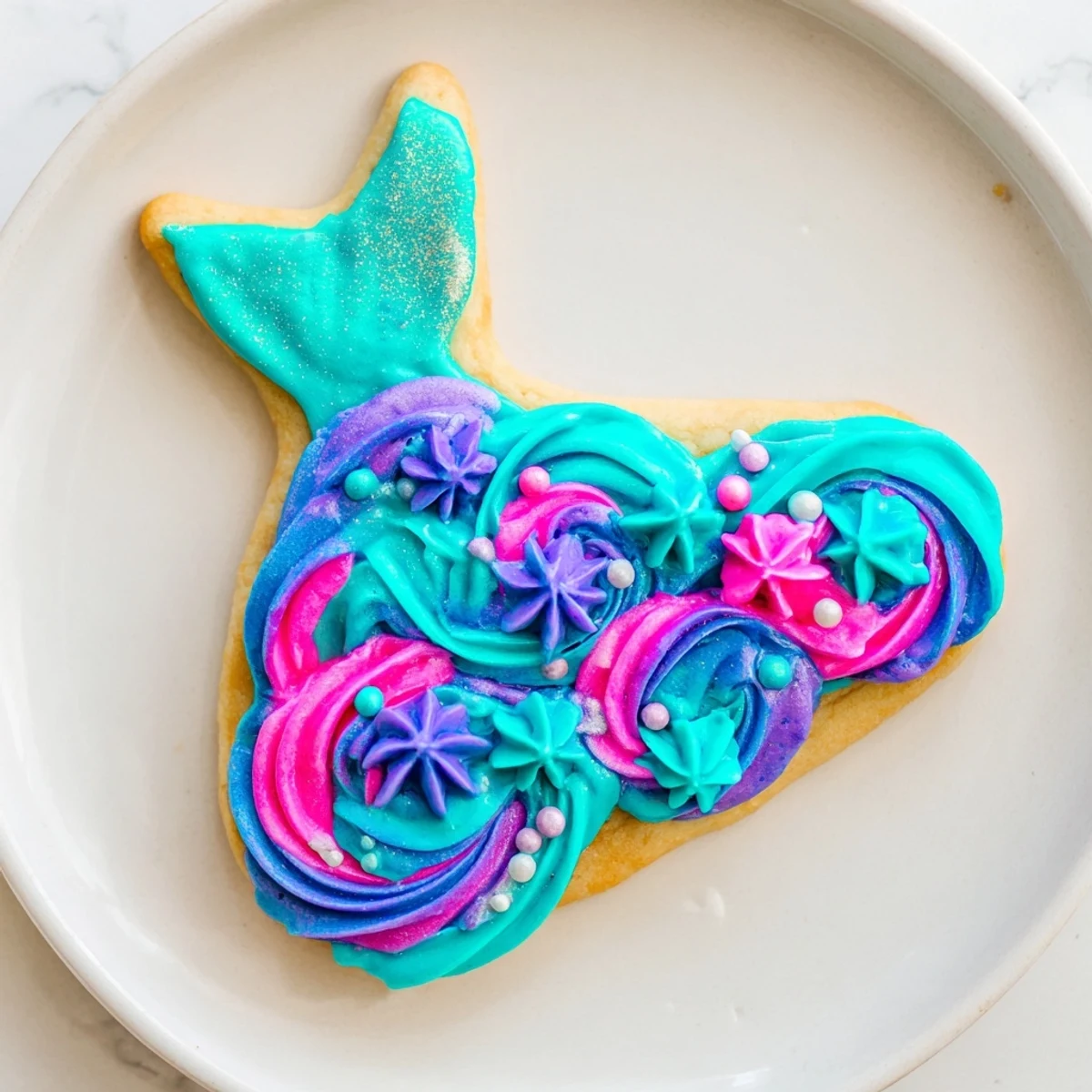 Decorated mermaid tail sweets feature shimmering frosting and candy pearls for an enchanting dessert.