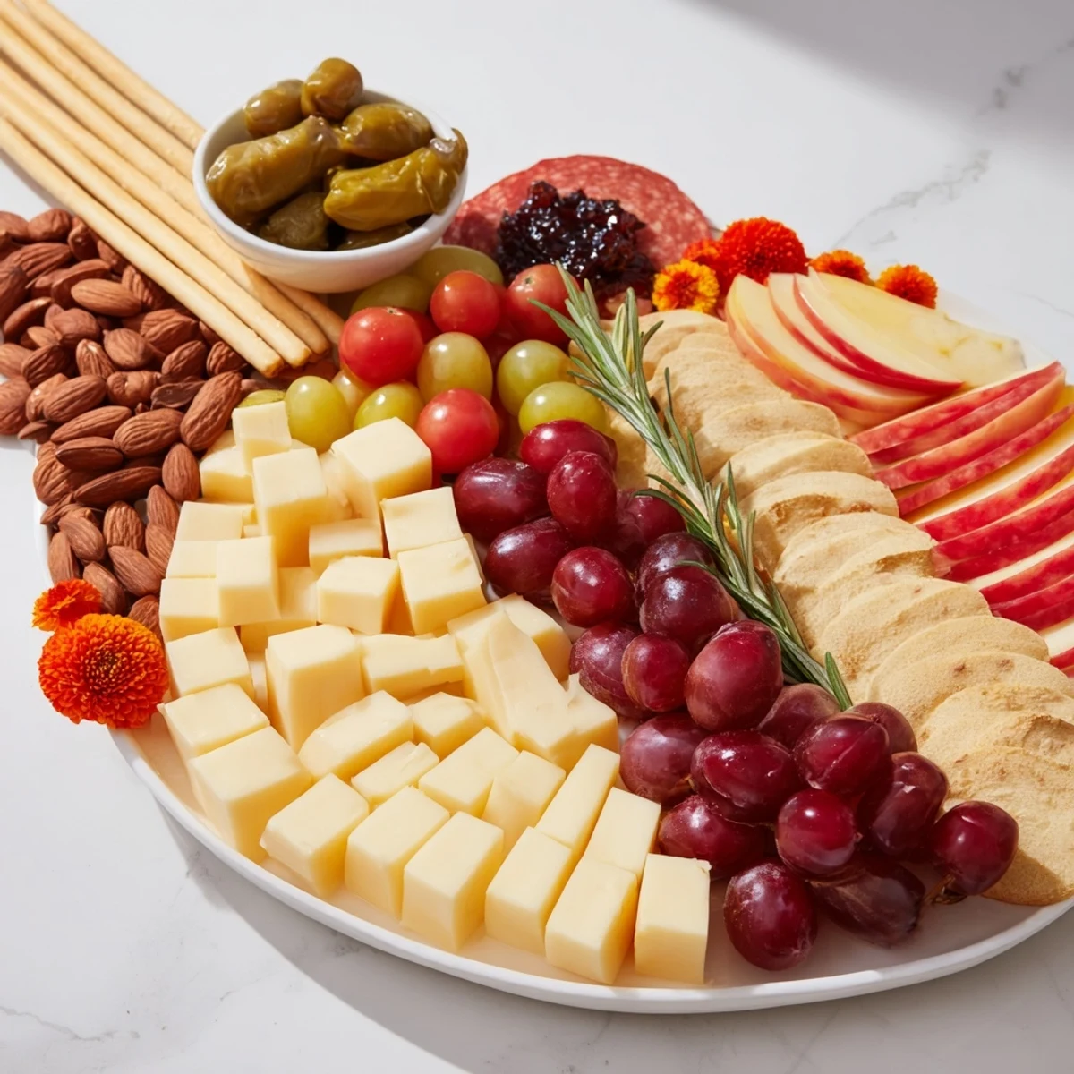 Rock Star Guitar Platter: A vibrant guitar-shaped arrangement of cheese, meats, and snacks, ready to eat.