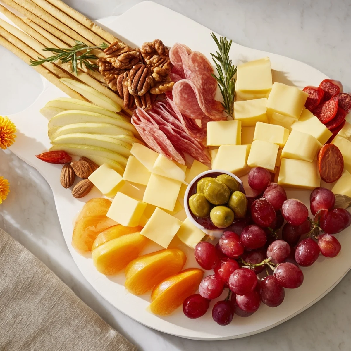 Visually stunning Rock Star Guitar Platter featuring sliced meats, cheeses, and fresh fruits for a party.