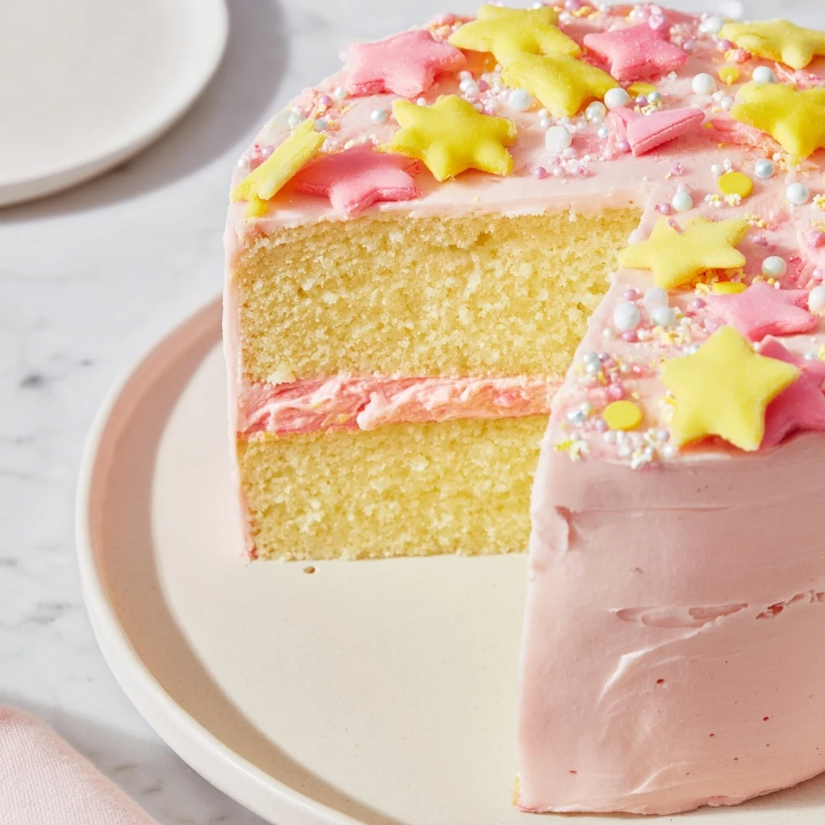 A whimsical Château de Princesse Cœurs et Étoiles cake with heart and star sprinkles, ready to serve.