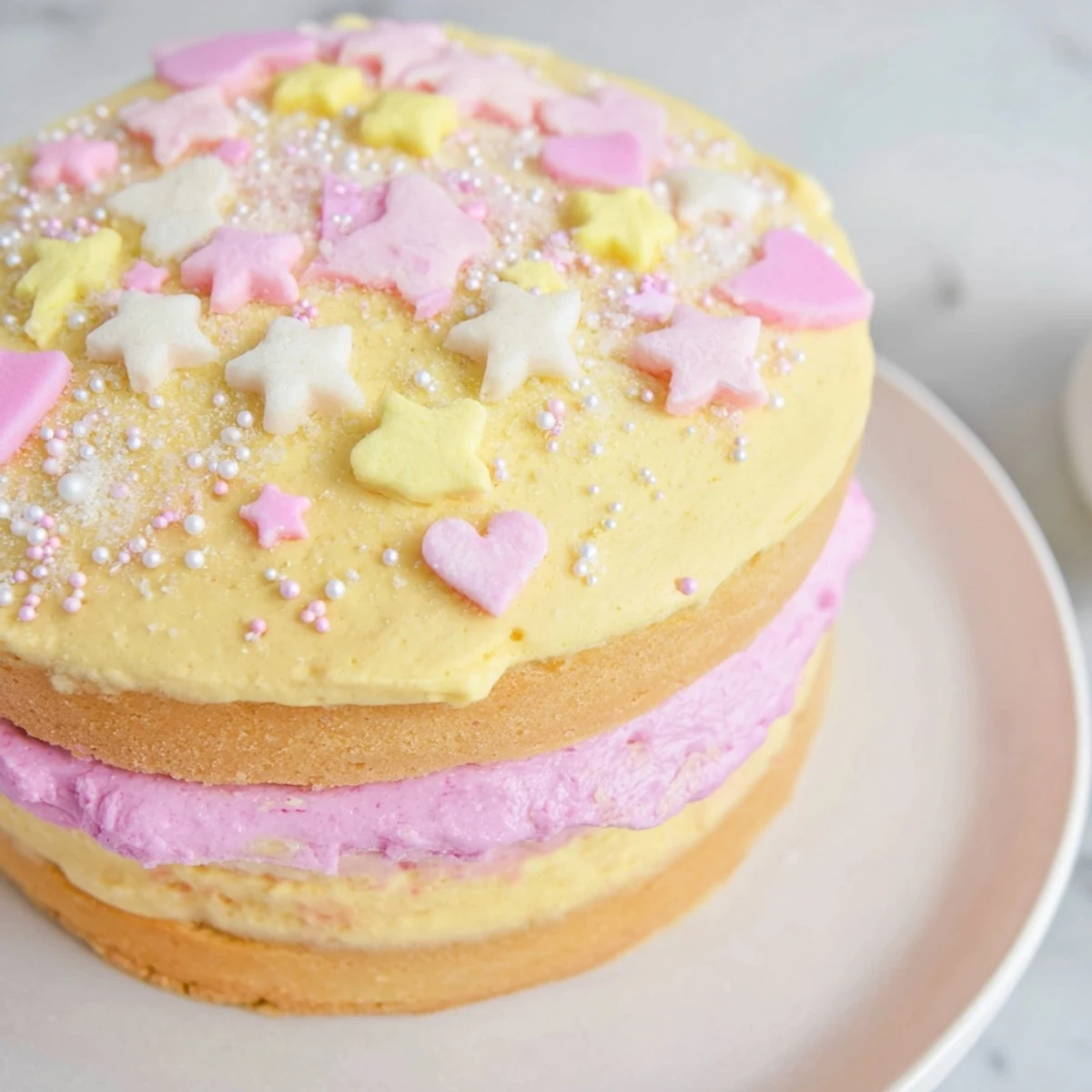 Layers of delicious cake frosted with buttercream, adorned with hearts in this Château de Princesse Cœurs et Étoiles confection.