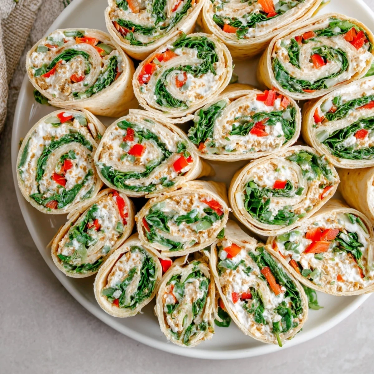Sliced Christmas Scarf Tortilla Roll-Ups, showing a creamy filling and perfect for party snacking enjoyment.