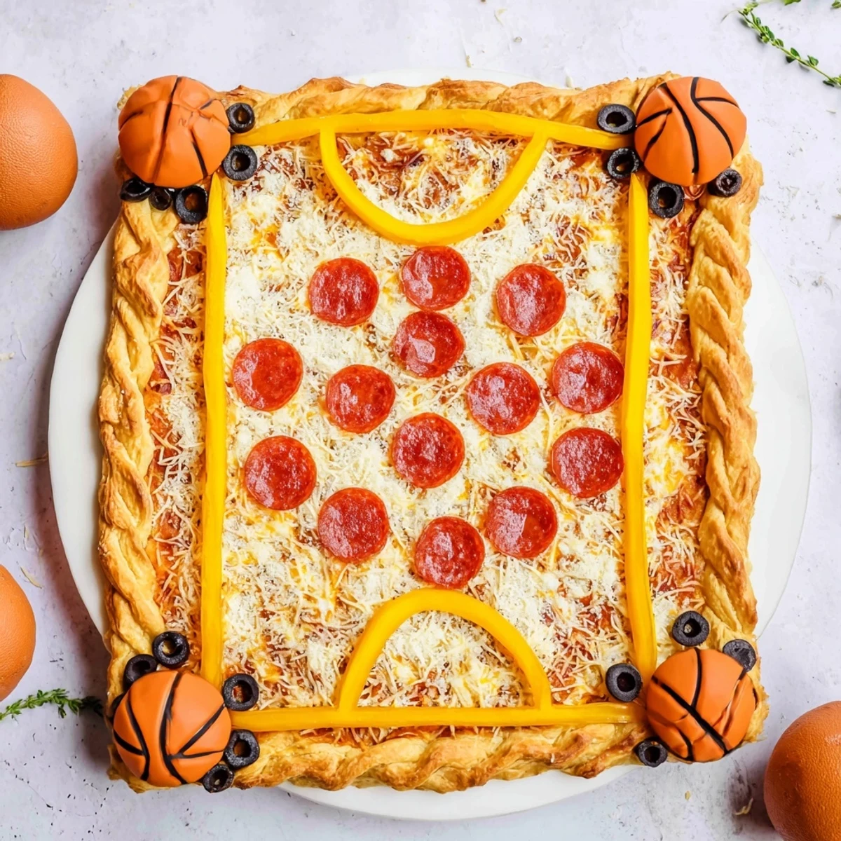 Delicious melted cheese covers this Basketball Court Pizza, with colorful pepper and olive details.