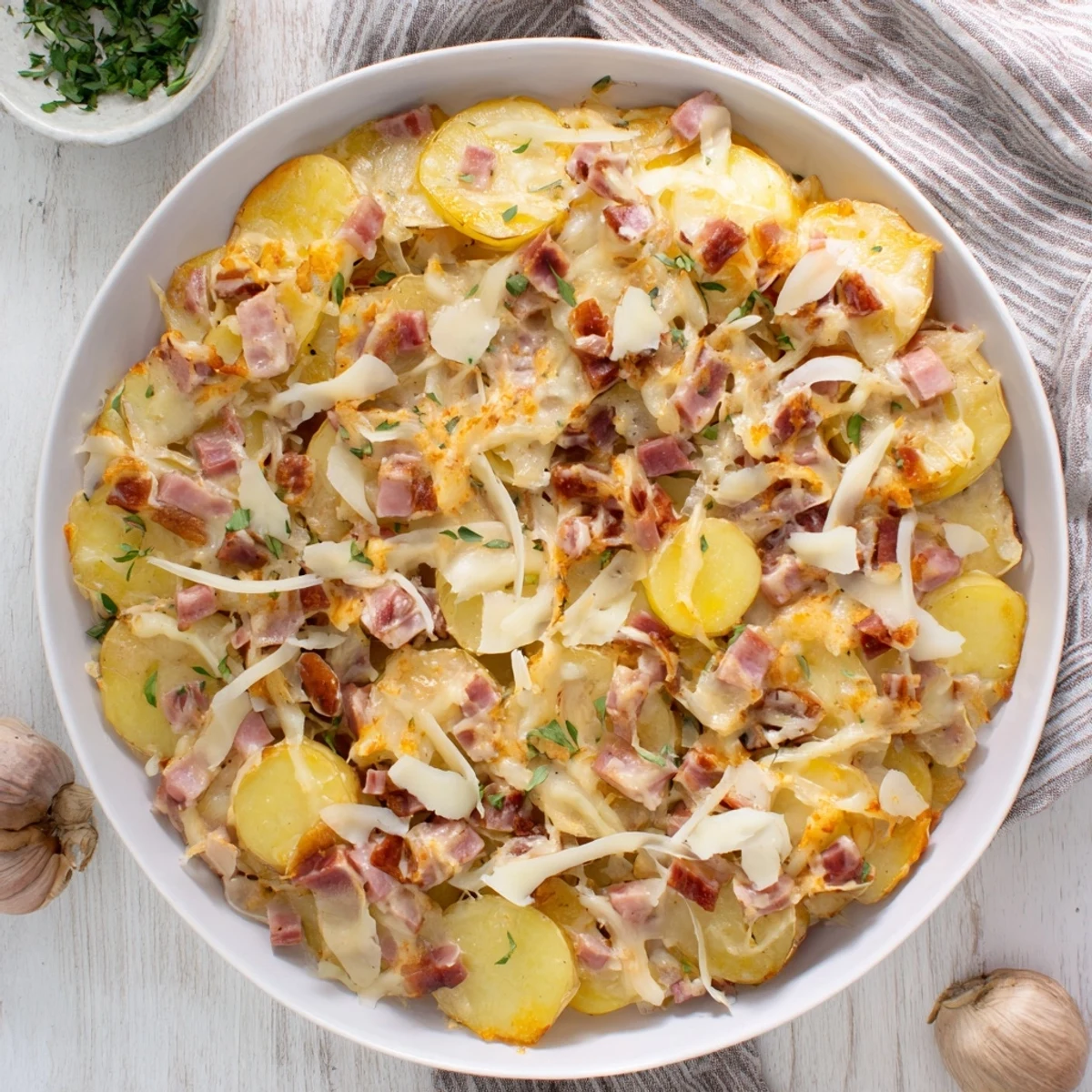 A comforting French Plateau Moufle Chaud et Confortable, bubbly with melted Gruyère cheese and savory ham.