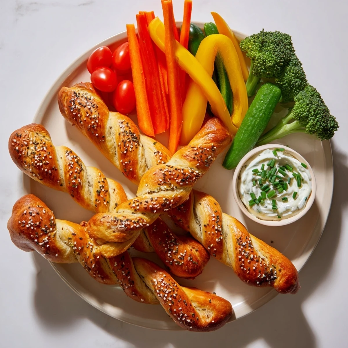 Crunchy raw carrot sticks and cucumber spears alongside the dinosaur bone prehistoric crudités on a party platter.