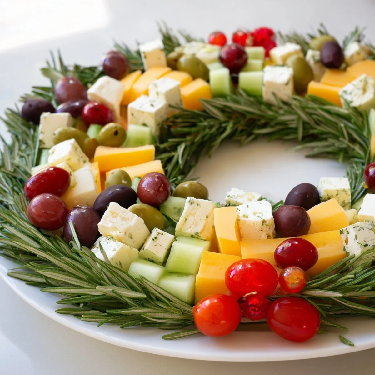 Festive Cheese & Olives: A colorful, holiday olive wreath appetizer with fresh rosemary and cherry tomatoes.