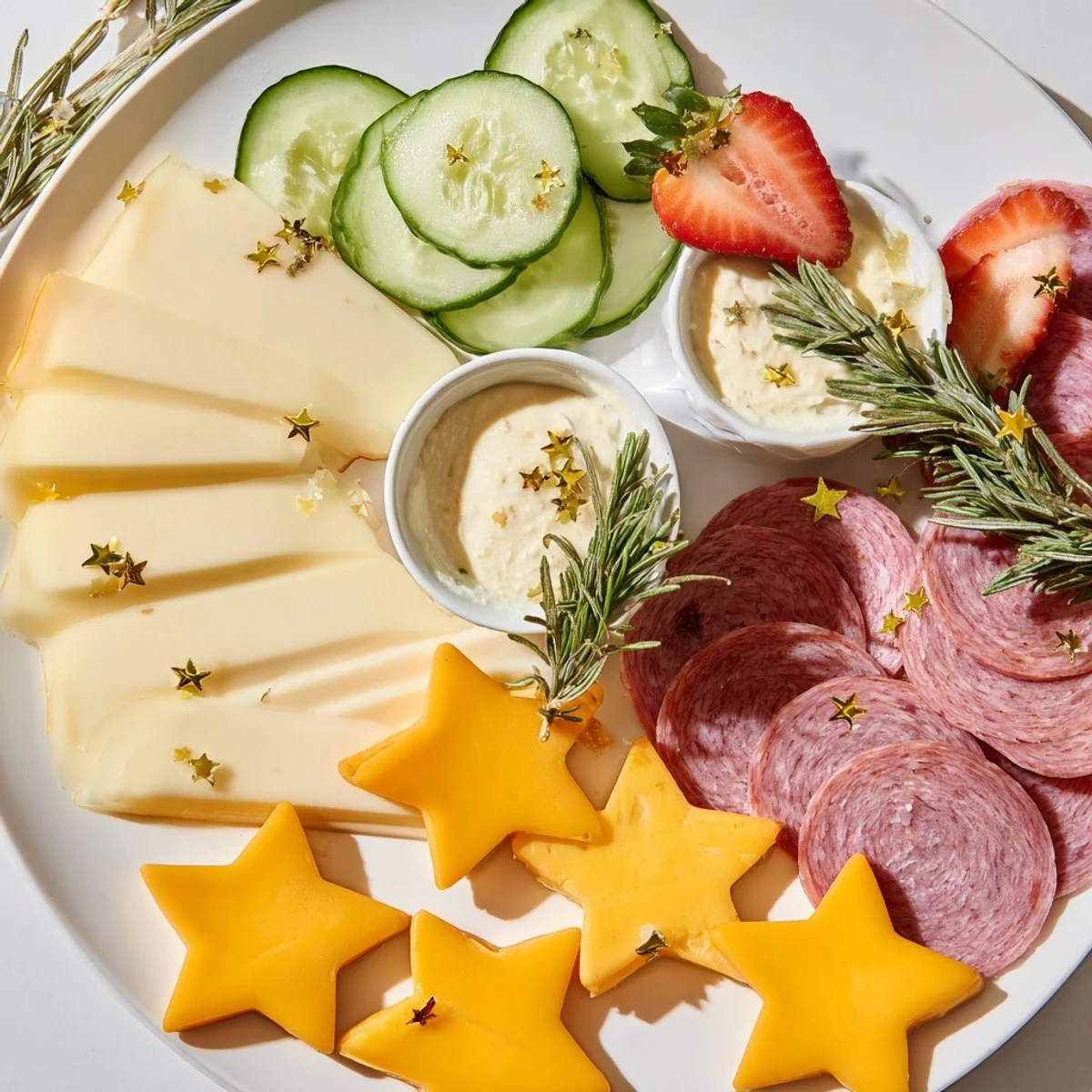 Festive Happy New Year 2026 Star Board with cheese stars, fruit, meats; ready to serve.