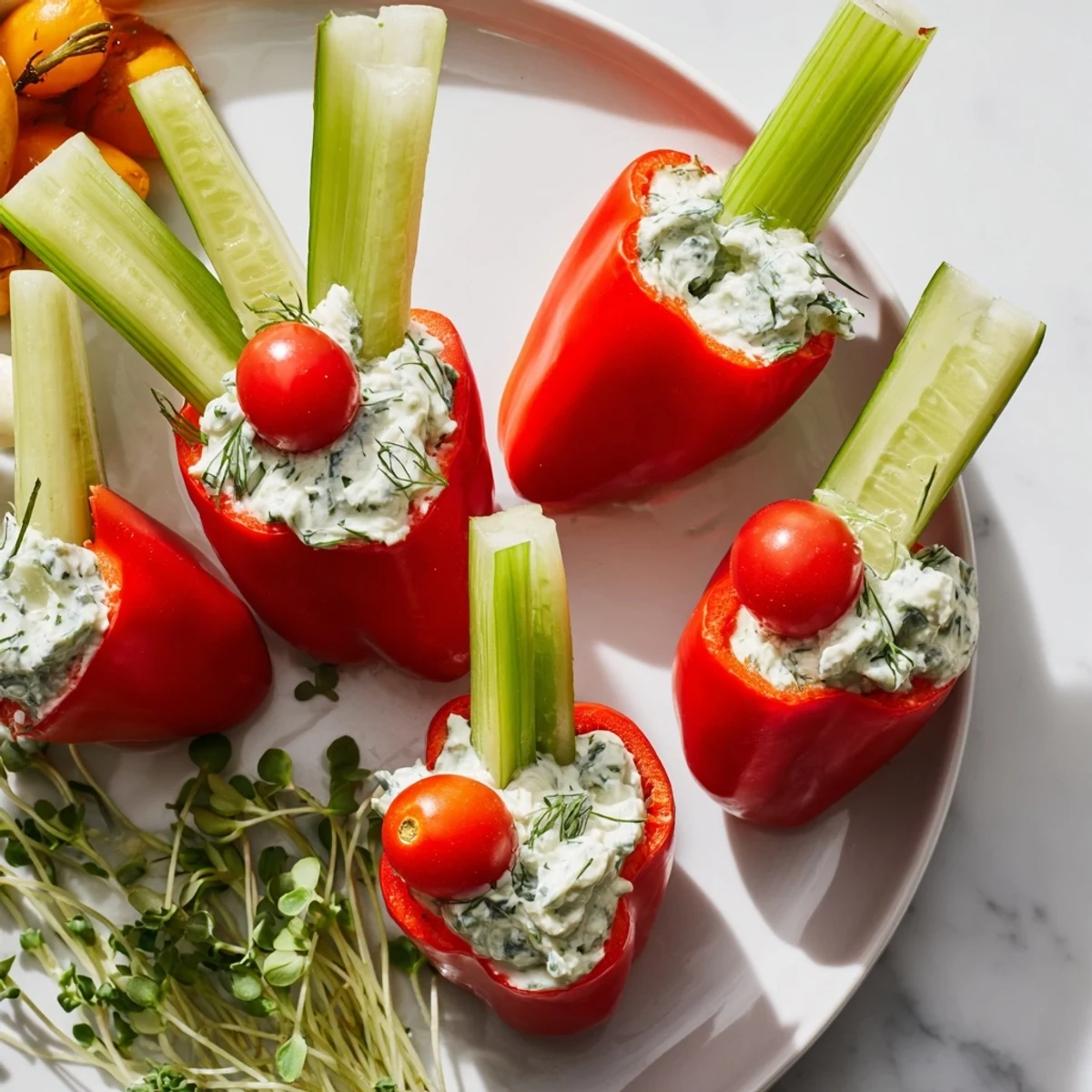 These colorful Blooming Tulip Veggie Cups showcasing red and yellow bell peppers and vibrant fillings are delicious!