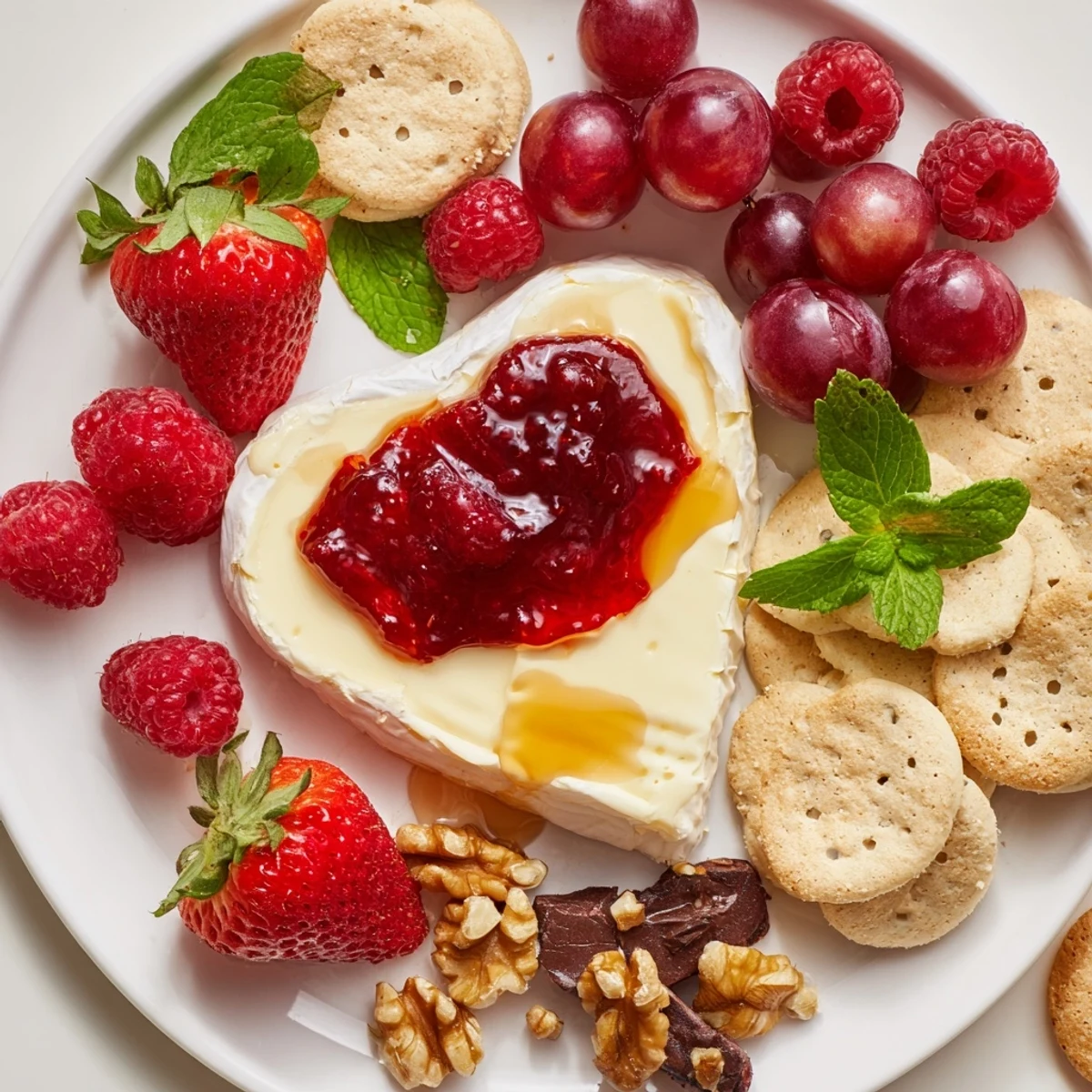 This enticing Sweetheart Brie and Jam Board features creamy Brie, glistening fruit, and crunchy crackers.
