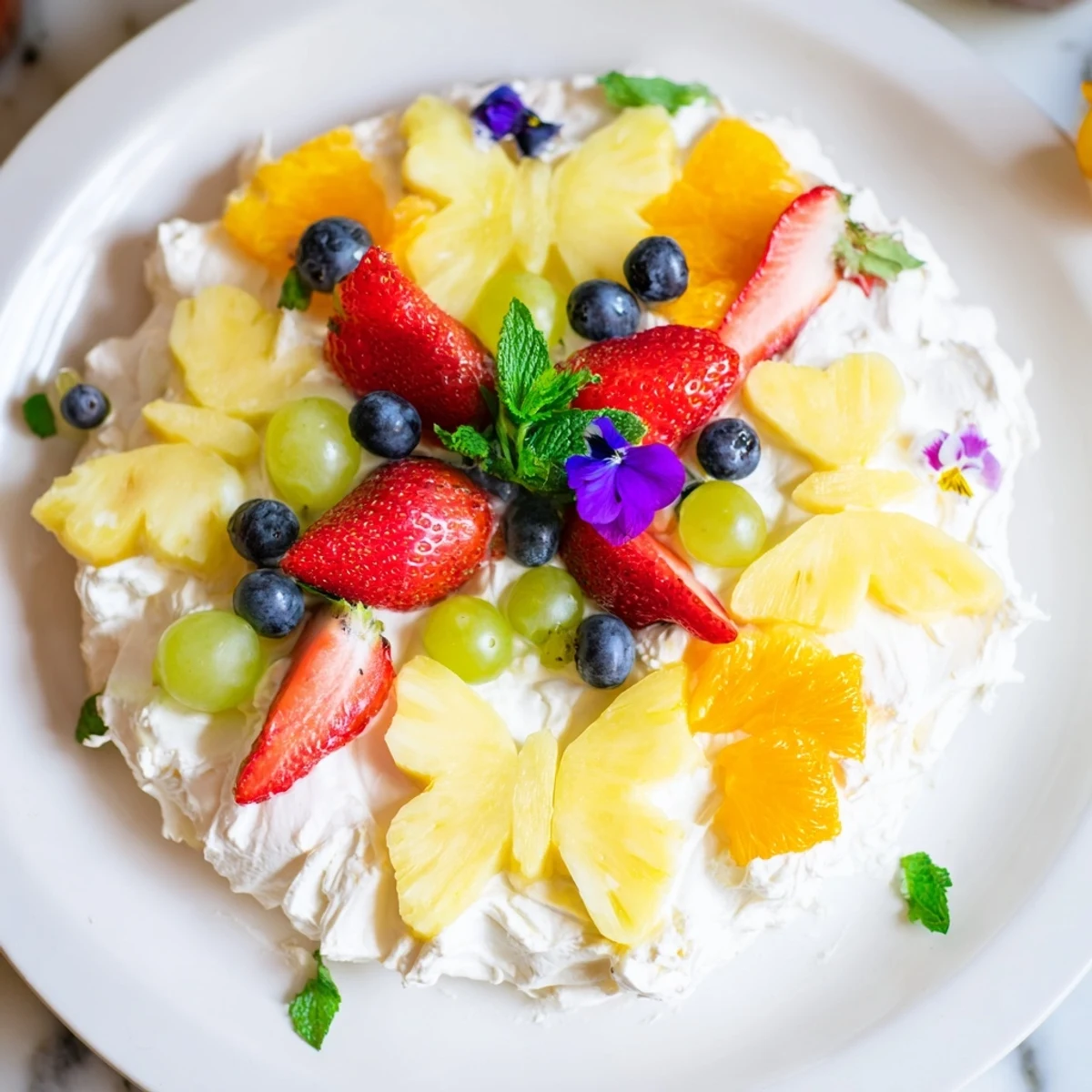 Butterfly Fruit and Cream Cheese Board with arranged vibrant fruit, perfect for easy spring entertaining.
