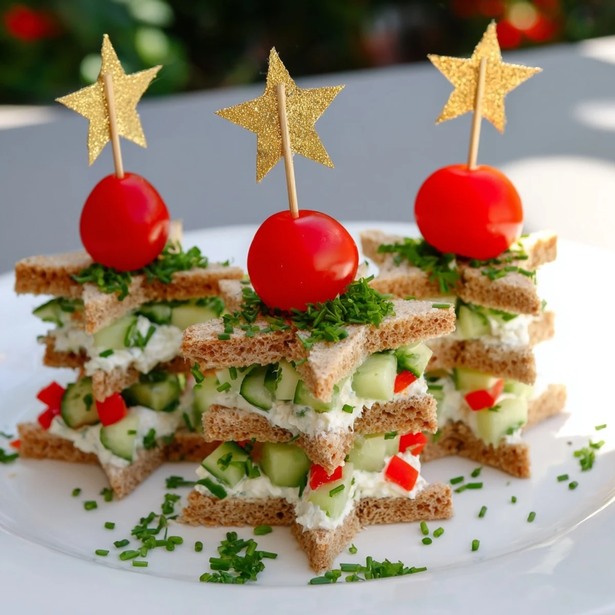 Stacked Star Christmas Tree Sandwiches, festive appetizers with red pepper and parsley garnish for upcoming holiday gathering.