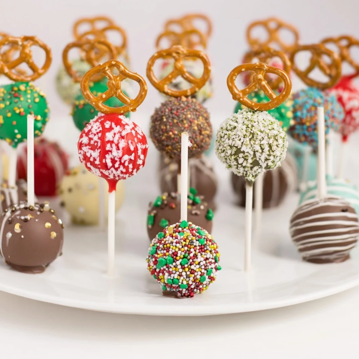 Festive ornament ball cake pops, coated in colorful candy melts, sparkling with sprinkles.