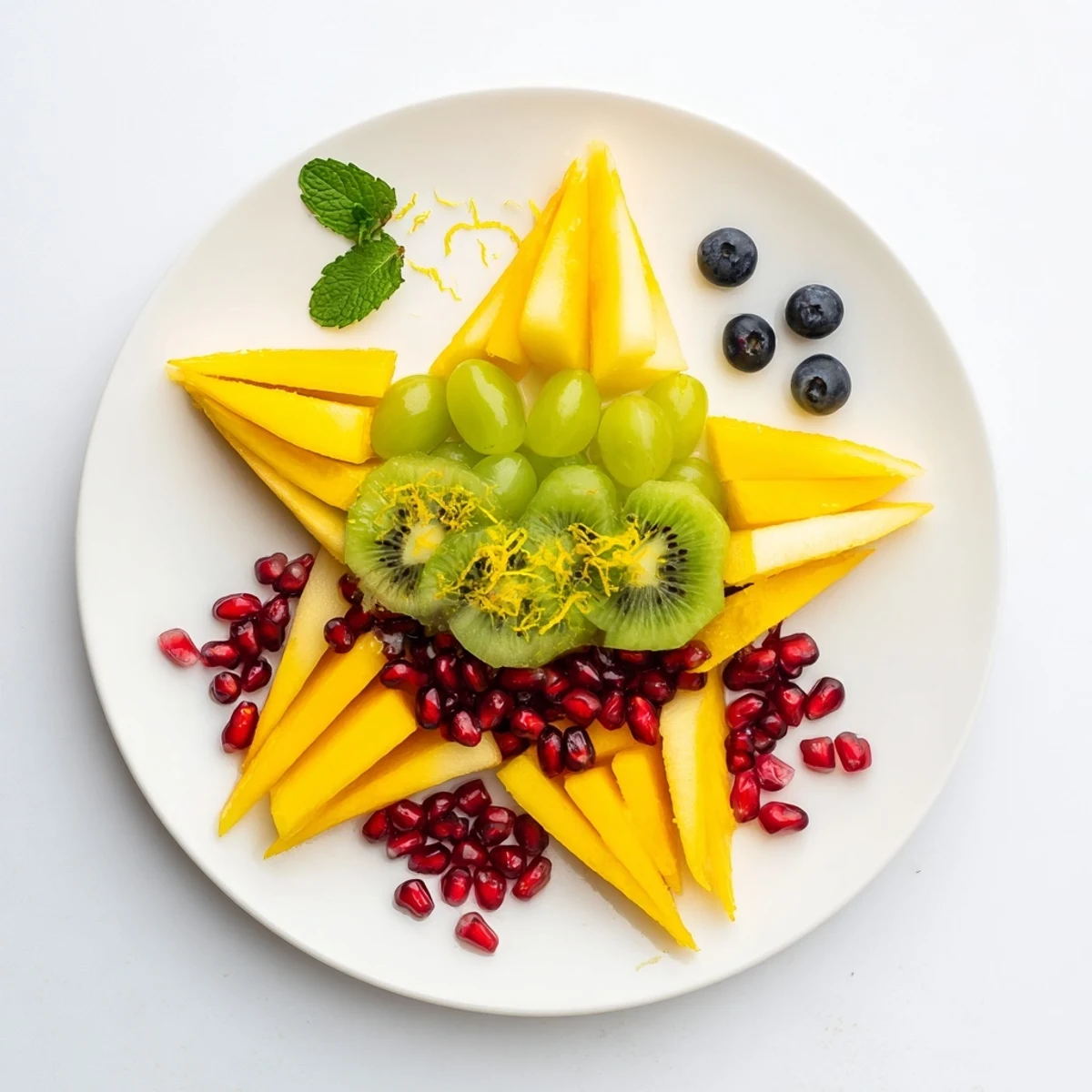 This visually appealing pomegranate and mint star fruit platter features juicy, healthy fruit, ready to serve.
