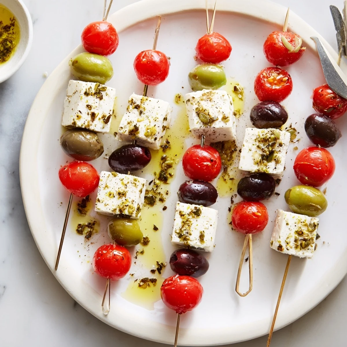 Holiday Cheers Olive and Feta Skewers arranged on a platter, ready to be enjoyed as a classic appetizer.