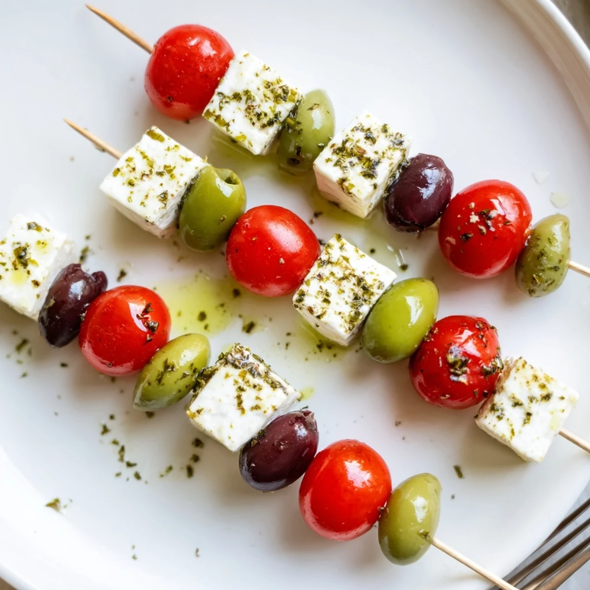 Vibrant Holiday Cheers Olive and Feta Skewers, a medley of olives, feta, and tomatoes, drizzled with olive oil.
