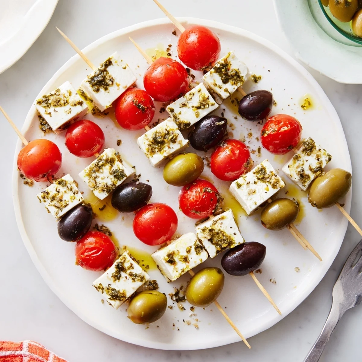 Close-up of festive Holiday Cheers Olive and Feta Skewers, showing the colorful Mediterranean ingredients before serving.
