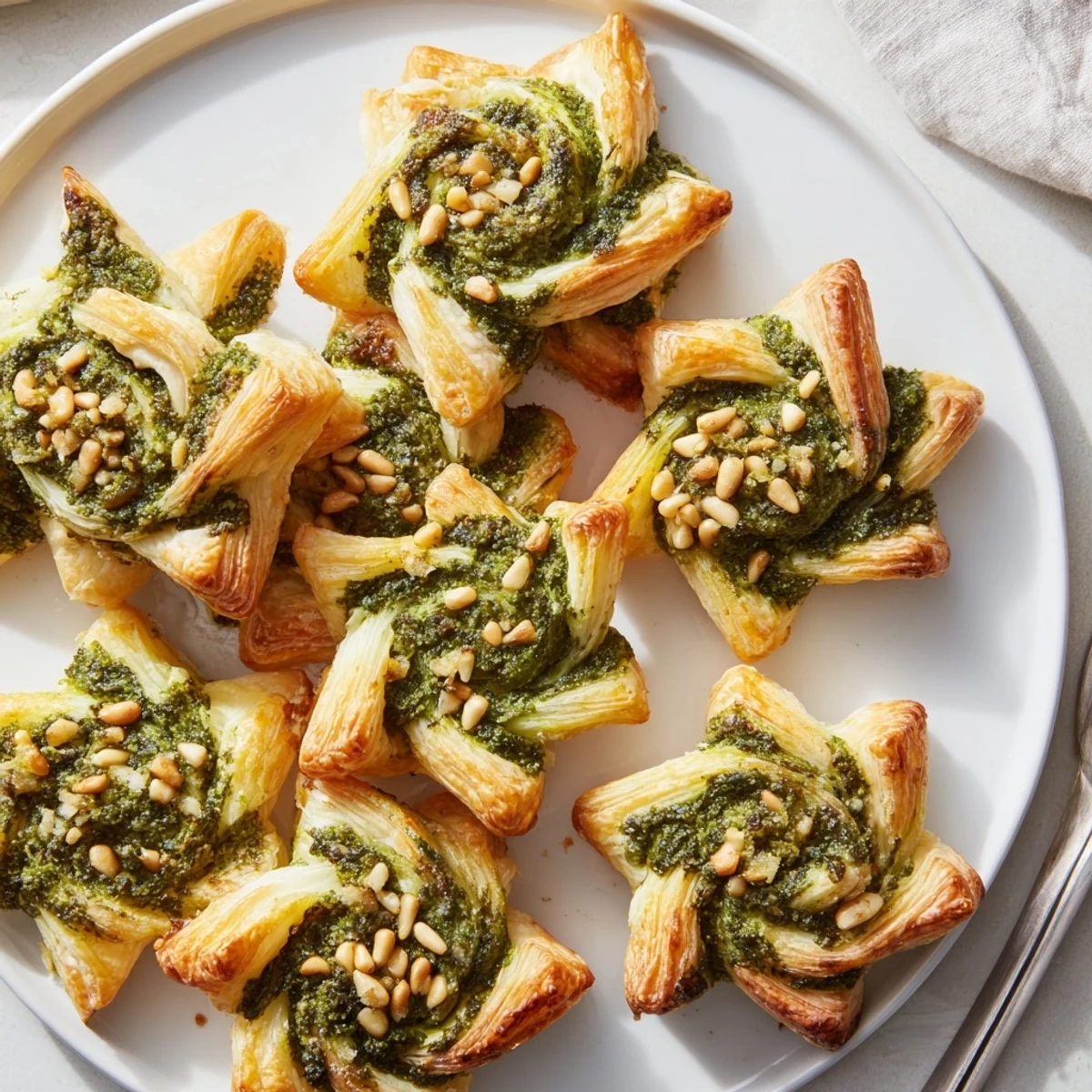 Festive party spread featuring warm Savory Bites: Star-Shaped Pesto Pinwheels, garnished with fresh basil.
