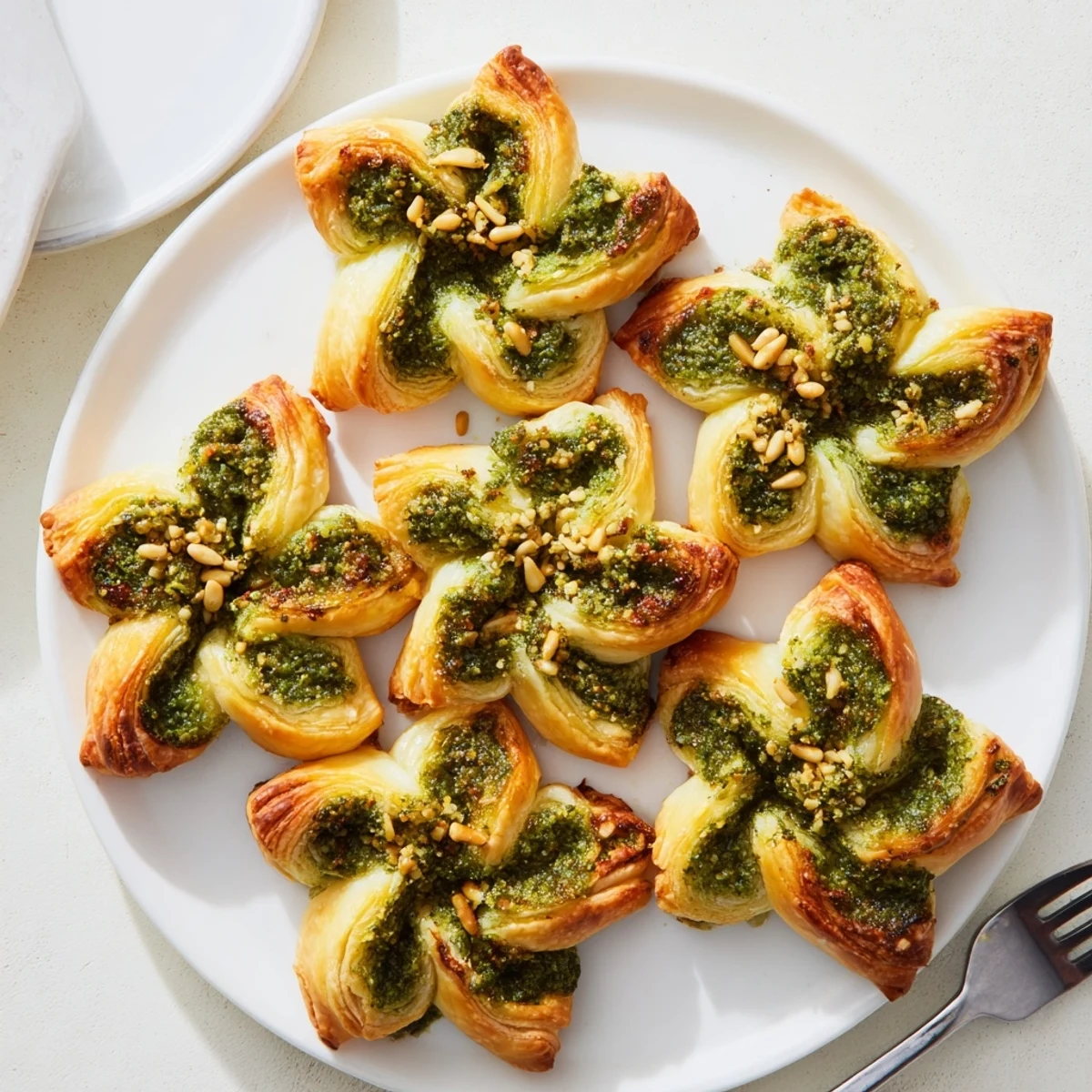 Close-up of flaky Savory Bites: Star-Shaped Pesto Pinwheels, showing off the pesto swirls and star shape.