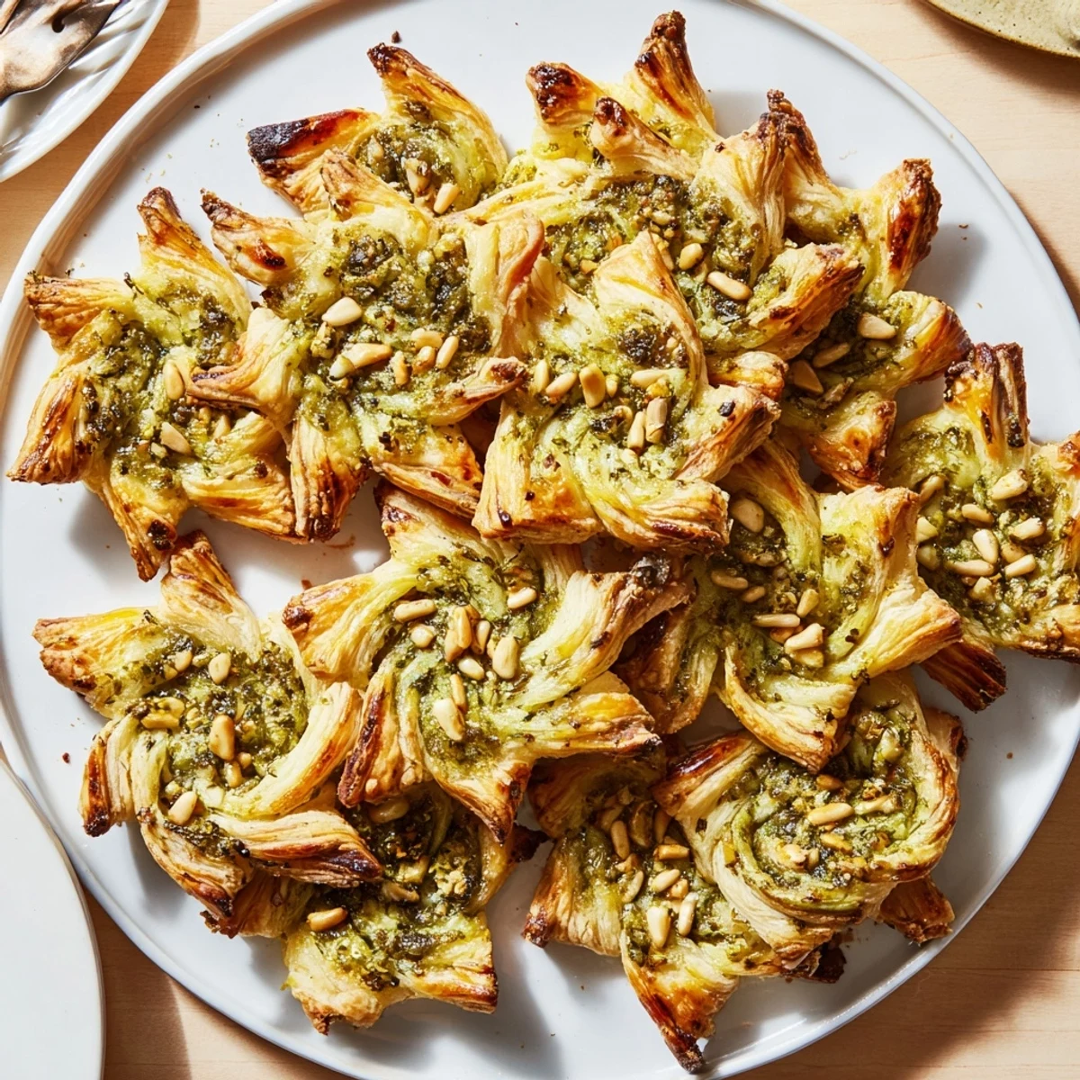 Golden, baked Savory Bites: Star-Shaped Pesto Pinwheels, ready to serve as a delicious vegetarian appetizer.