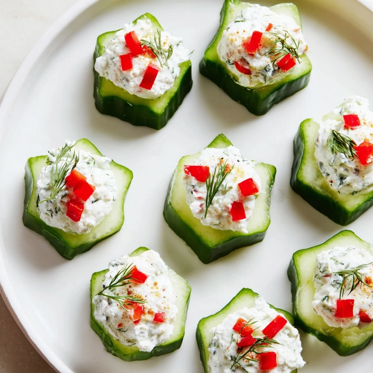 Refreshing Cucumber and Dill Christmas Stars appetizer, creamy cheese nestled atop crisp cucumber stars for your holiday.