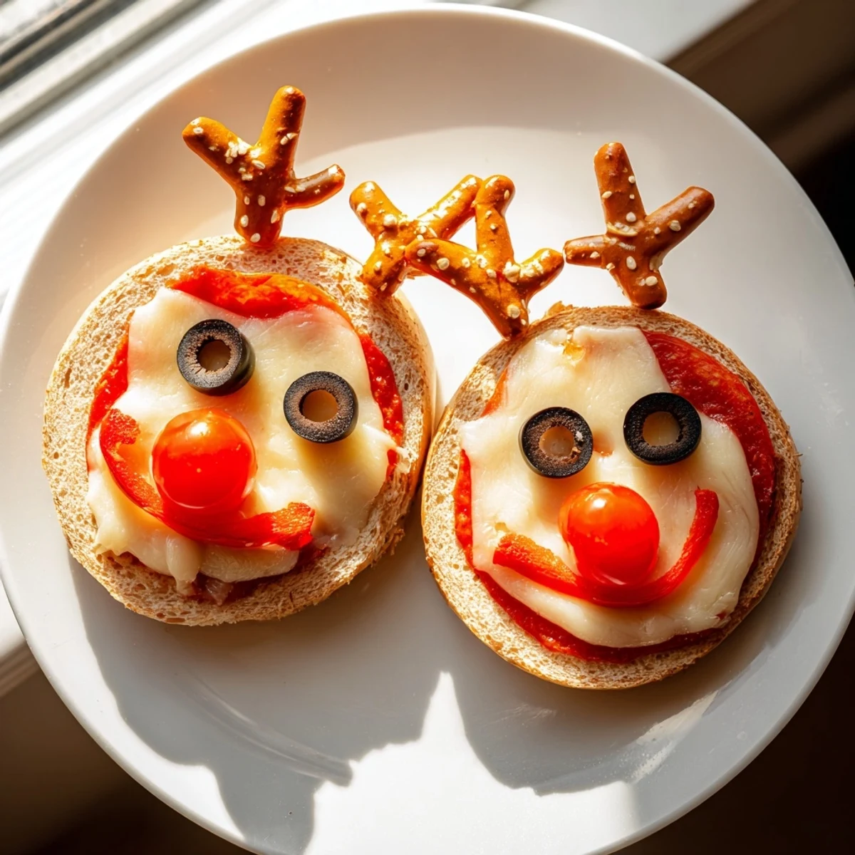 Perfect for kids: A close-up of delicious Reindeer Face Pizza Bagels with fun pretzel antlers and pepperoni noses.
