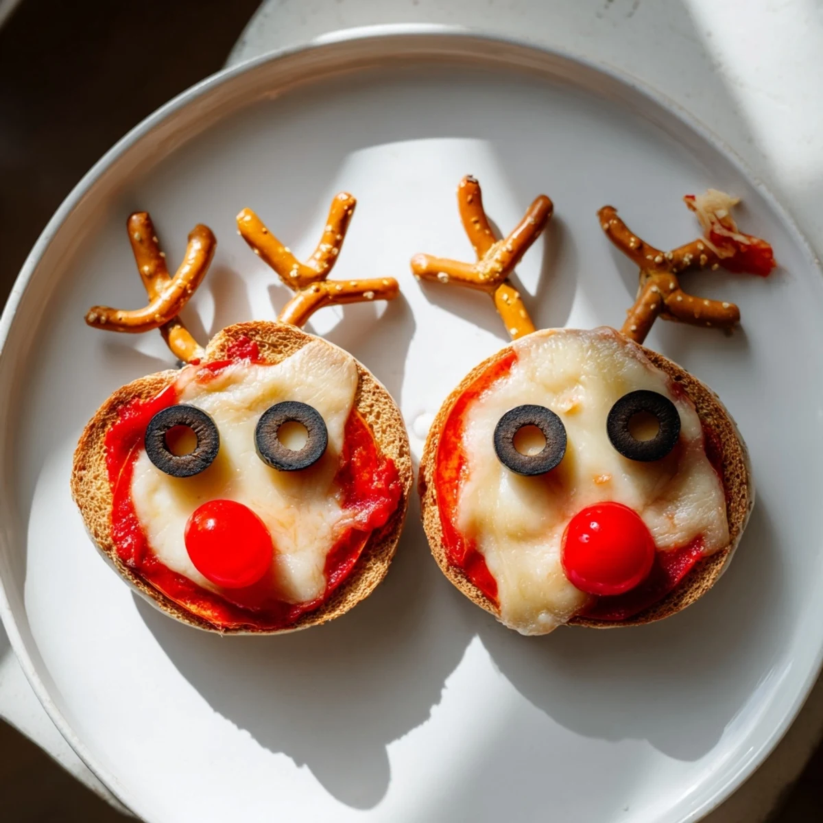 Festive Reindeer Face Pizza Bagels feature black olive eyes, a cherry tomato nose, and a cheesy smile.