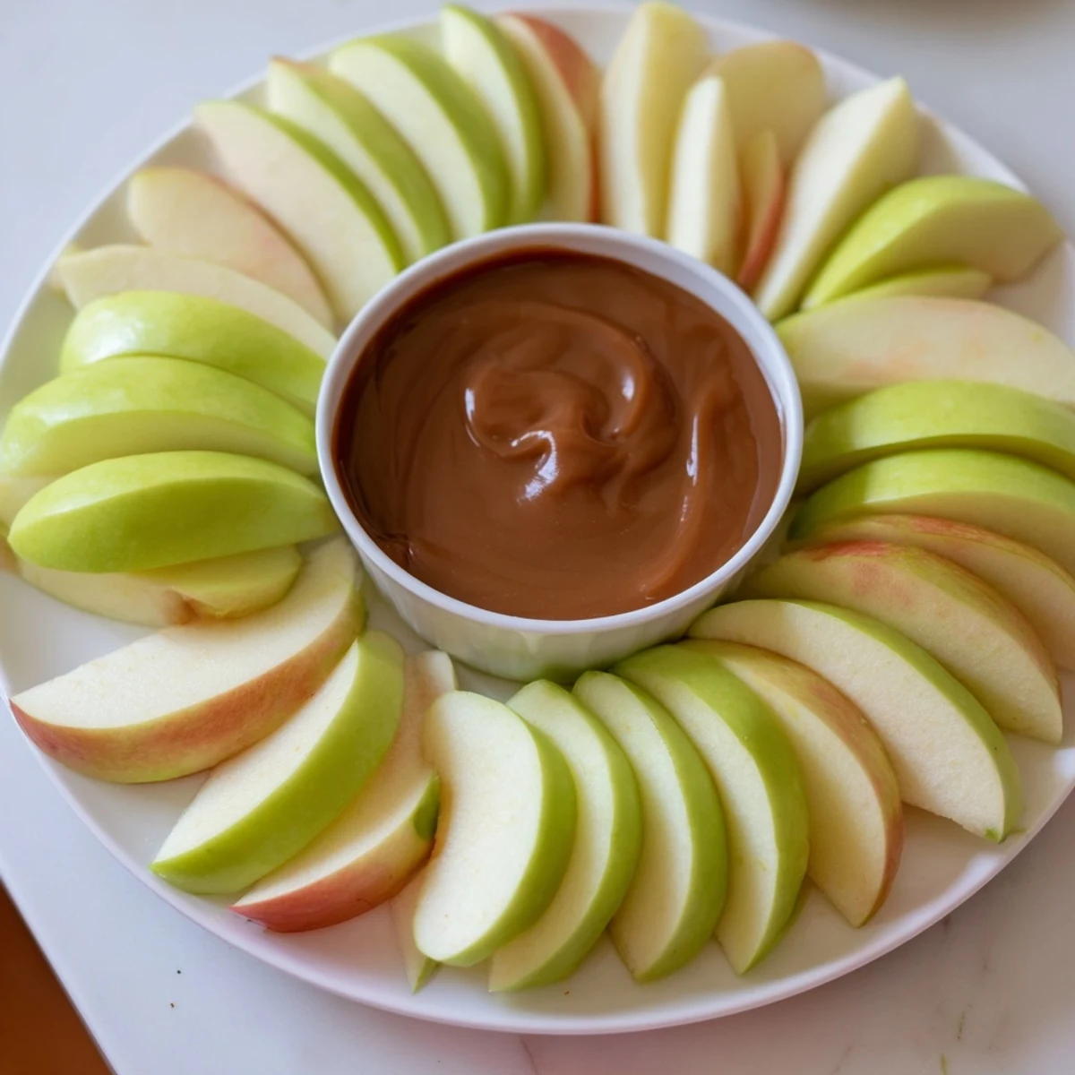 The inviting photo shows crisp Apple Slices with Caramel Dip, a perfect sweet treat.