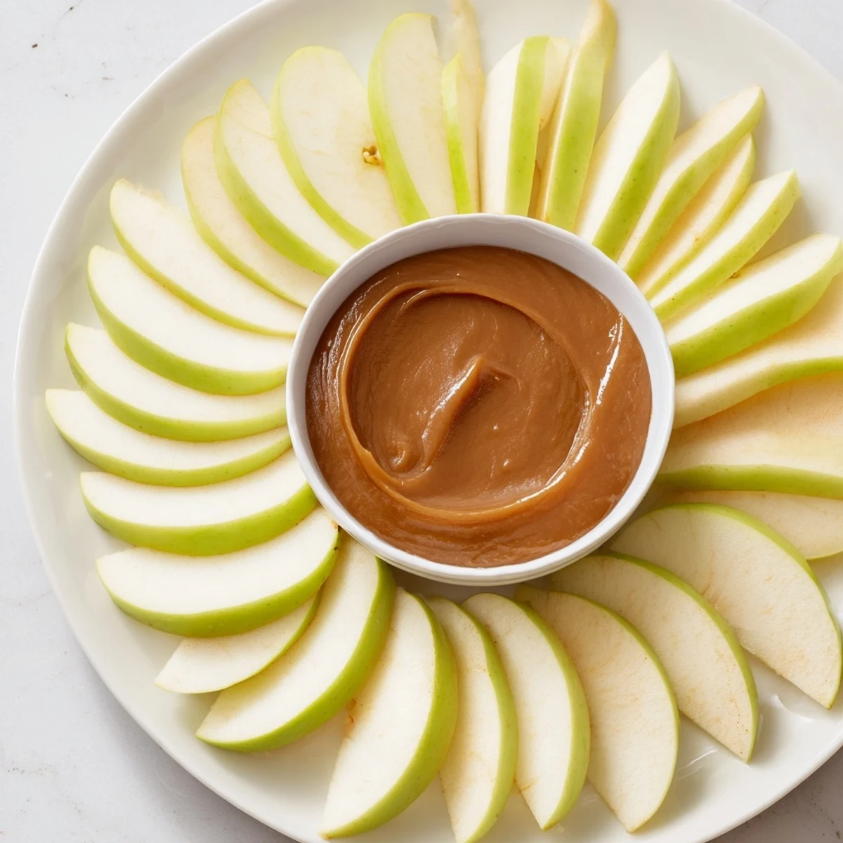 Close-up of fresh Apple Slices with Caramel Dip, offering a delightful texture contrast.