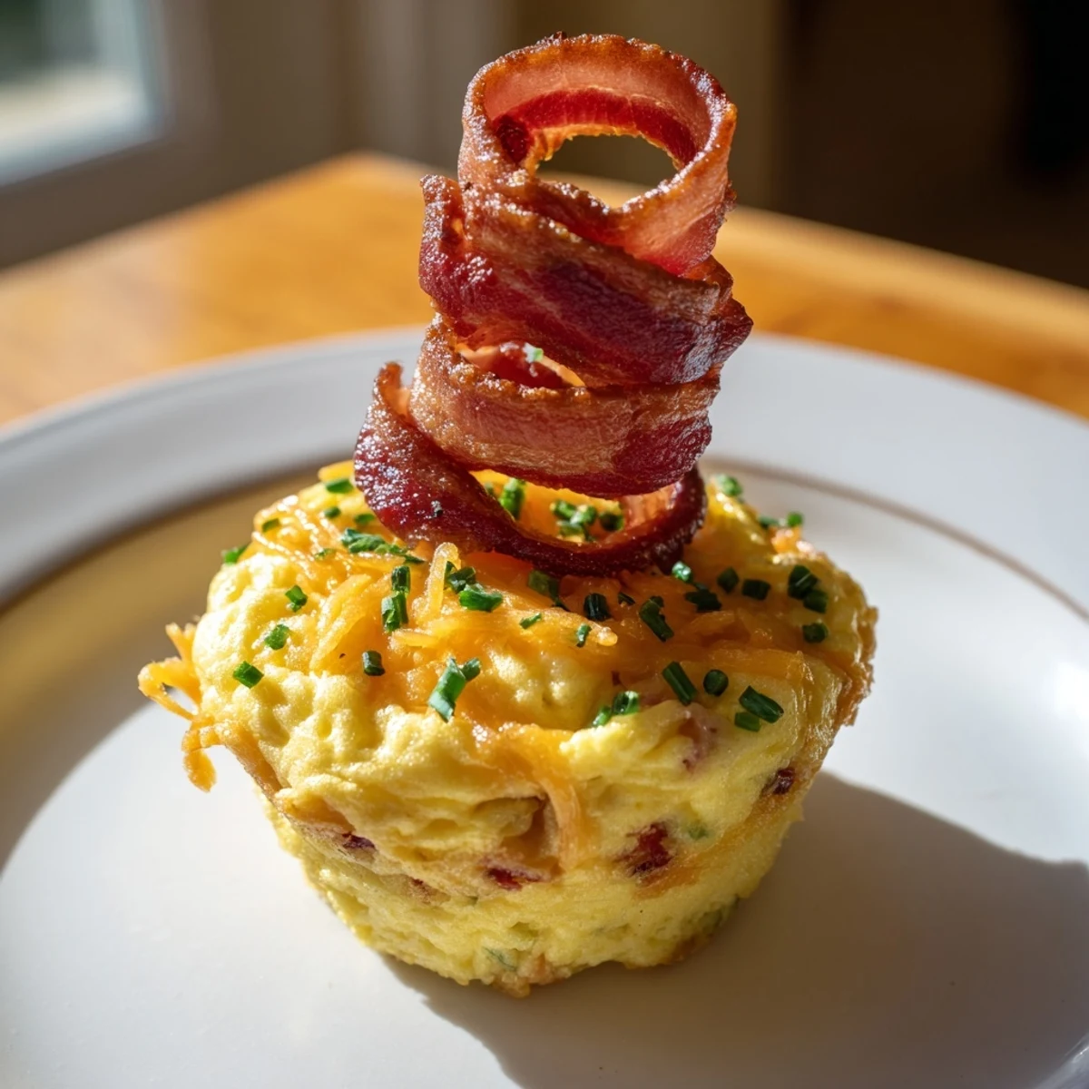 Savory Scrambled Egg Cups, baked golden-brown and topped with crispy bacon spirals, perfect for breakfast.