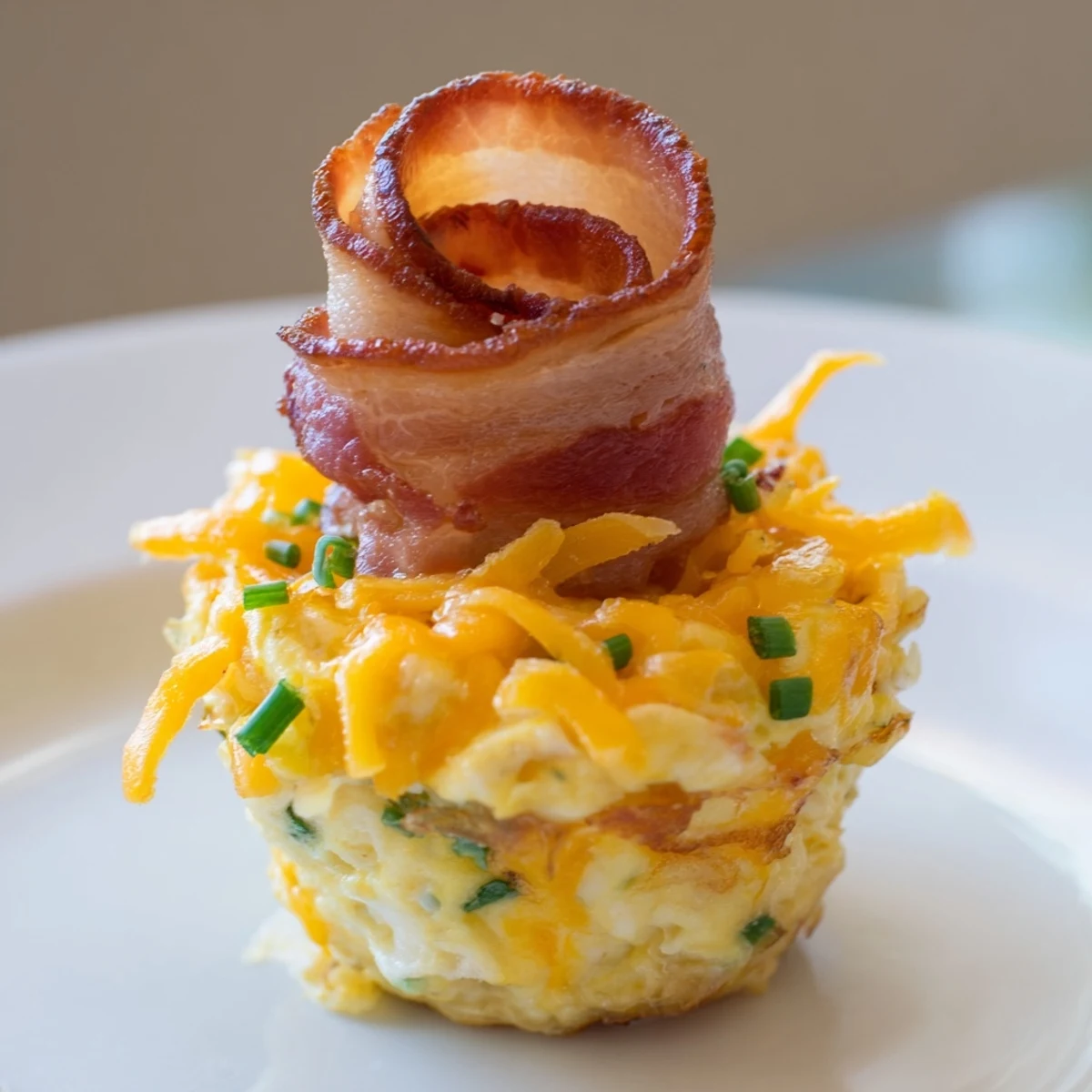 A close-up of fluffy Scrambled Egg Cups, garnished with bacon, smelling savory and delicious.