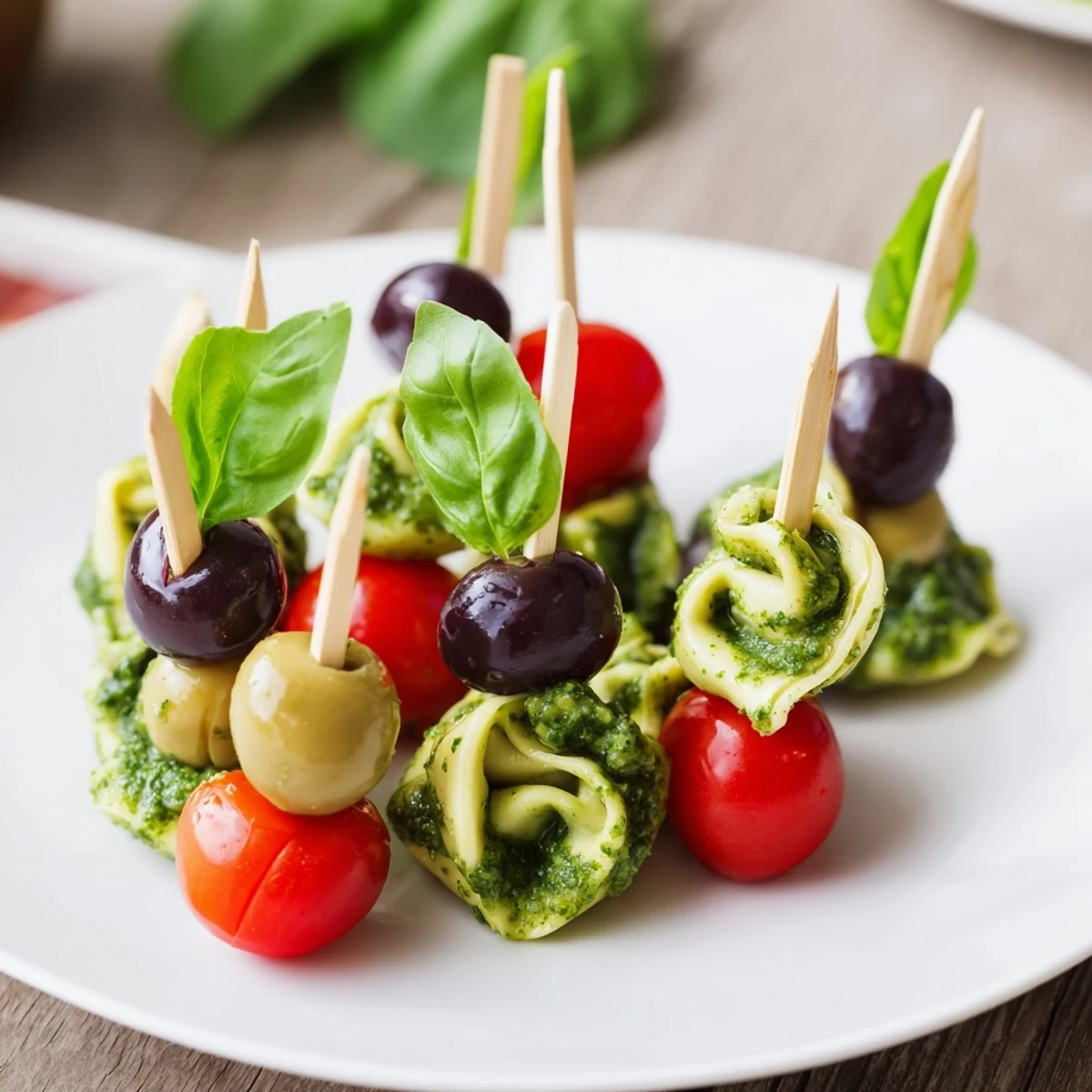 Grilled Appetizer Skewers offer a tasty Italian appetizer, featuring flavorful tortellini, olives, and fresh basil.