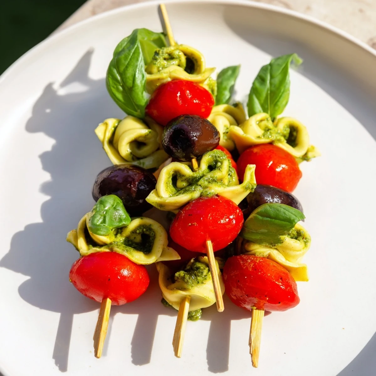 Appetizer Skewers show colorful tortellini, pesto-covered and paired with olives and tomatoes, perfect for guests.