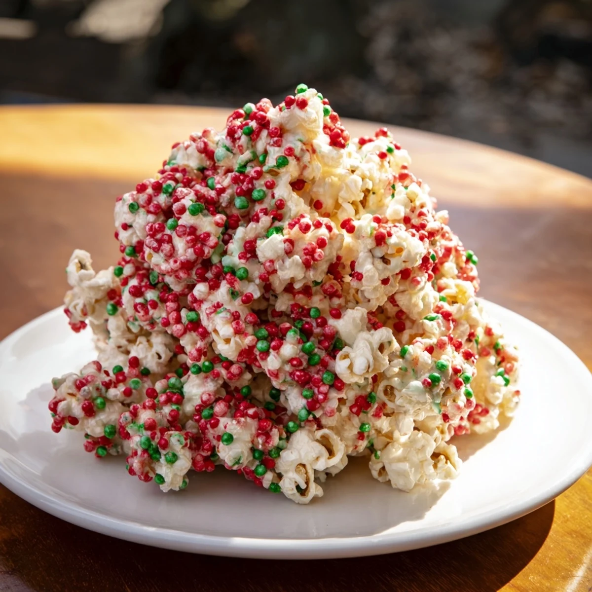 Festive popcorn piles with red and green sprinkles, a sweet snack for holiday celebrations or parties.