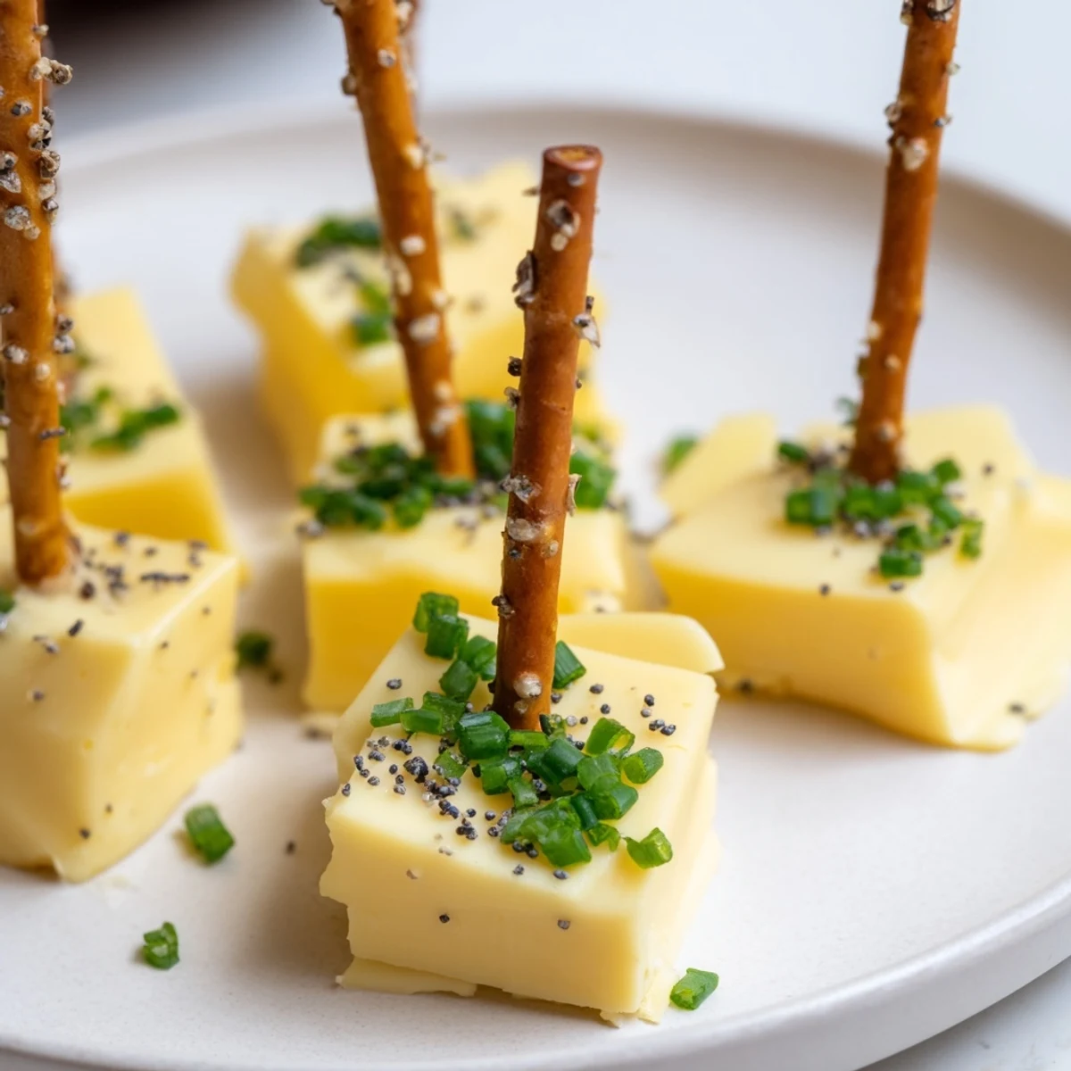 Festive photo: Cheddar Cubes and Pretzel Stick Sparklers with colorful garnish, ready to enjoy.