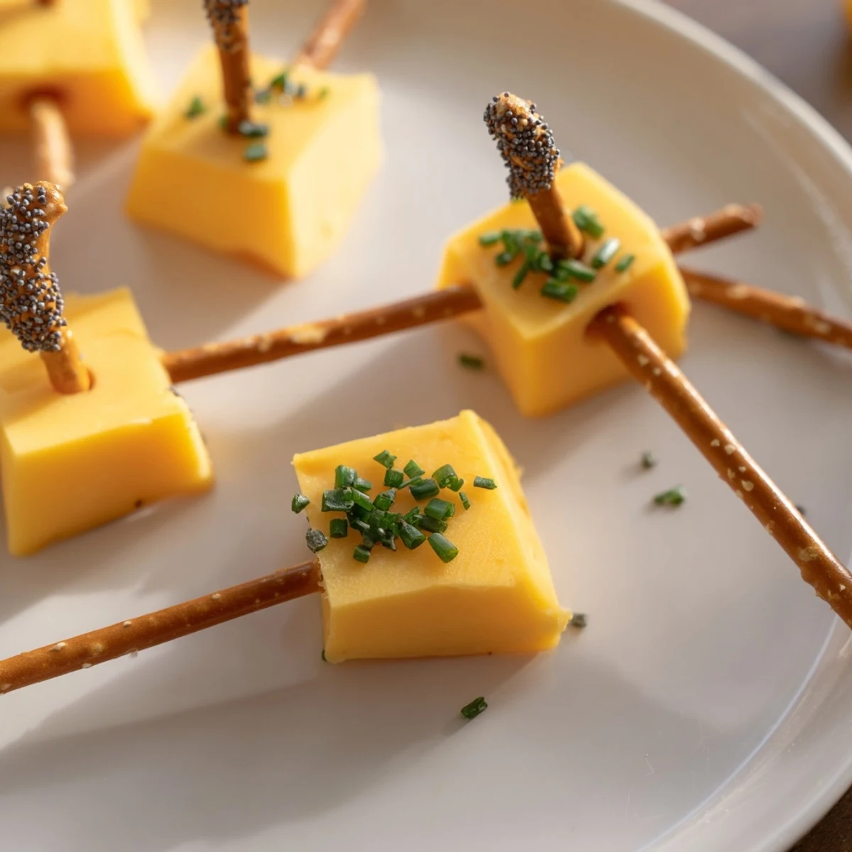 Crispy pretzel sticks hold sharp cheddar cheese cubes, making for delightful NYE Cheese Sparklers.